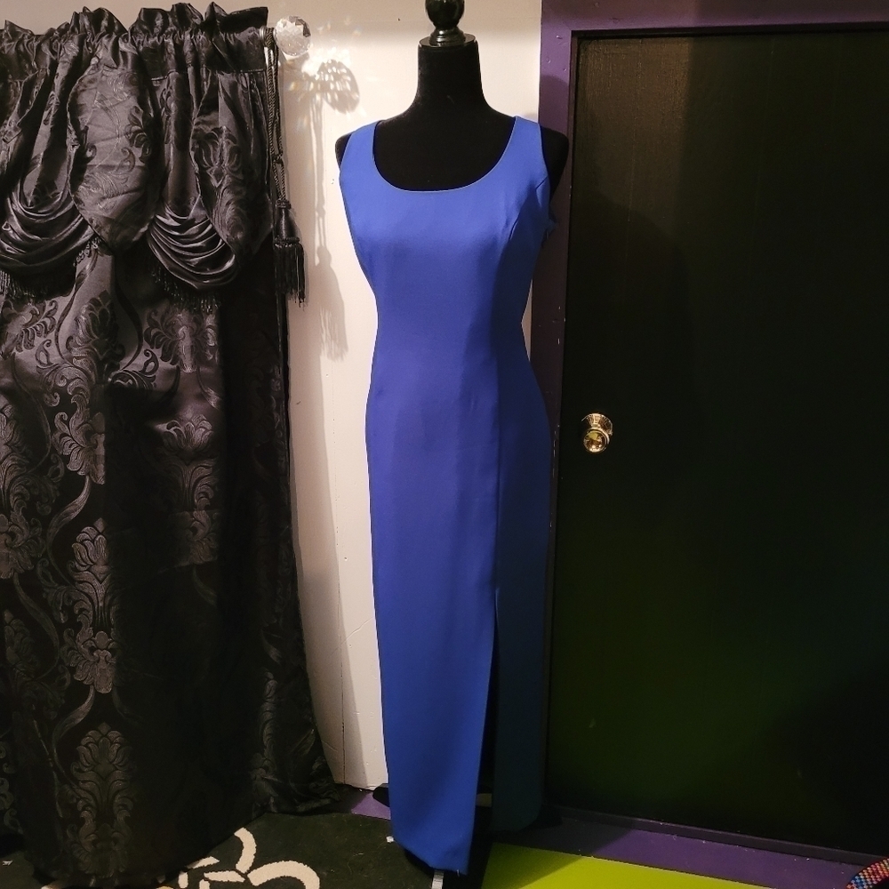Simple maxi formal dress in blue with rhinestones a peep hole back